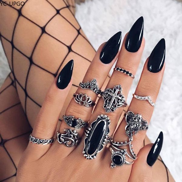 

cluster rings boho crystal elephant crown cross flower black stone finger ring for women vintage knuckle sets female fashion jewelry, Golden;silver