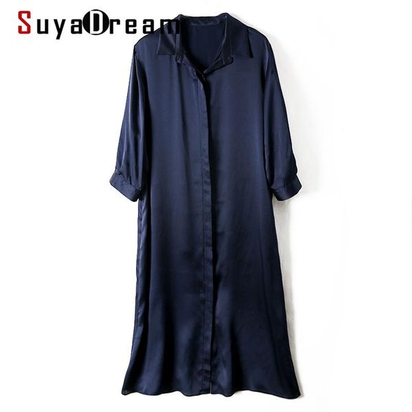 

casual dresses suyadream woman shirt dress 100%silk satin a line 3/4 sleeves mid 2021 summer autumn navy, Black;gray