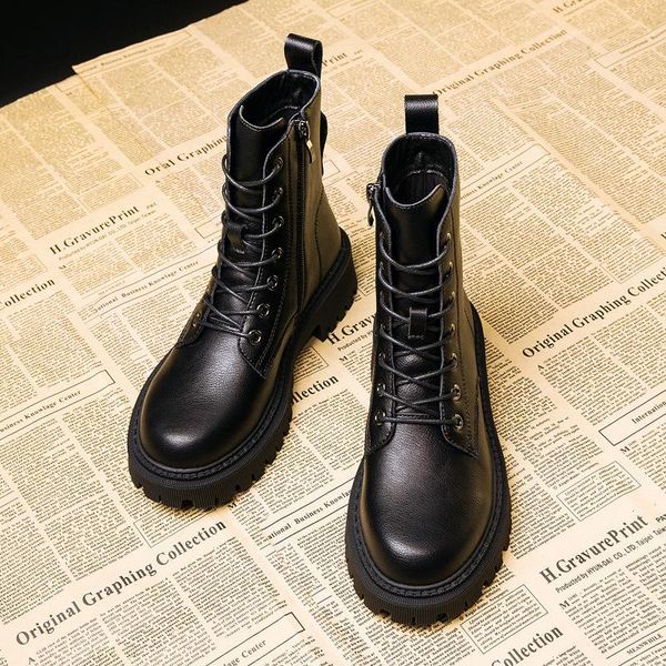 

boots comemore autumn women's shoes woman fashion round toe leather ankle winter stretch black comfortable short