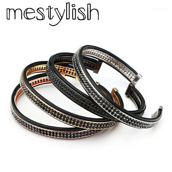 

bangle mestylish 4 colors micro inlay double row cubic zirconia open cuff bangles &bracelet jewelry fit men women gift1, Black