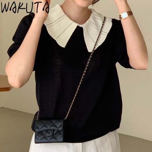 

women's t-shirt wakuta summer thin knitted puff short sleeve tshirts women 2021 korean contrast color pullover turn down neck chic tee, White