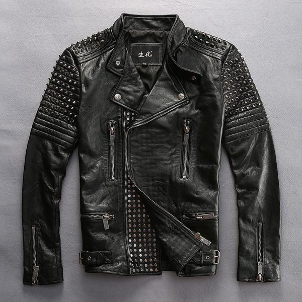 

men's leather & faux punk style rivet slim fit genuine black cowskin motorcycle jacket biker men thin coat male metal