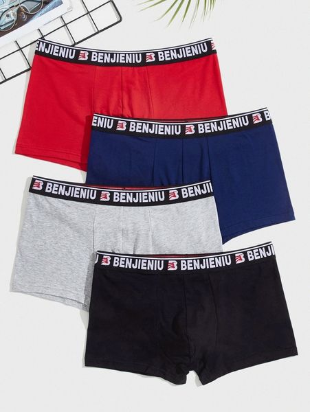 

men 4pcs contrast letter tape boxer brief 662a#, Black;brown