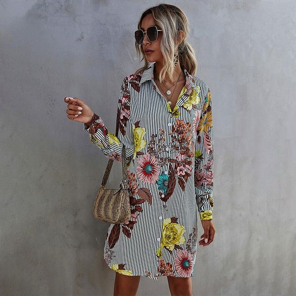 

spring summer 2021 fashion women button up sunflower shirt dress elegant ladies long sleeve flower print striped mini dresses casual, Black;gray