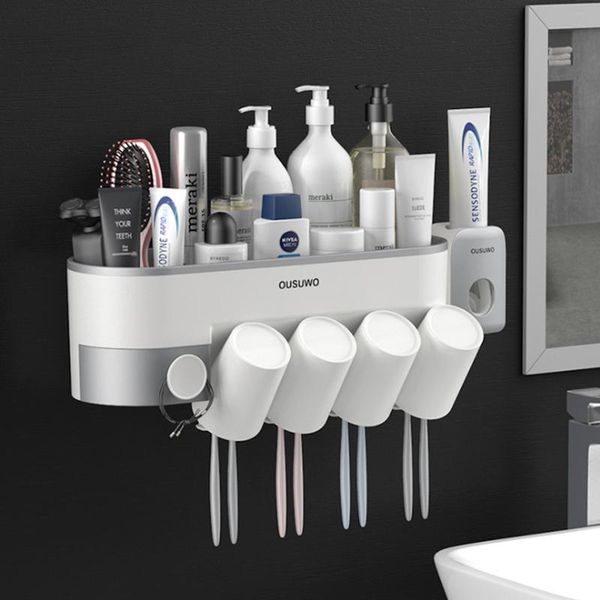 

bath accessory set toothbrush holder automatic toothpaste dispenser with cup wall mount storage rack bathroom accessories organizer