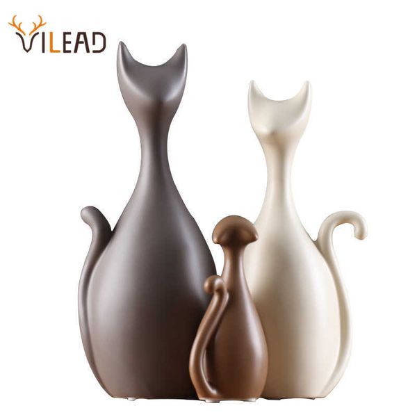 VILEAD Famiglia in ceramica di tre quattro gatti Figurine Animali nordici Soggiorno Decorazione Ornamenti per la casa Artigianato per regali di nozze 210607