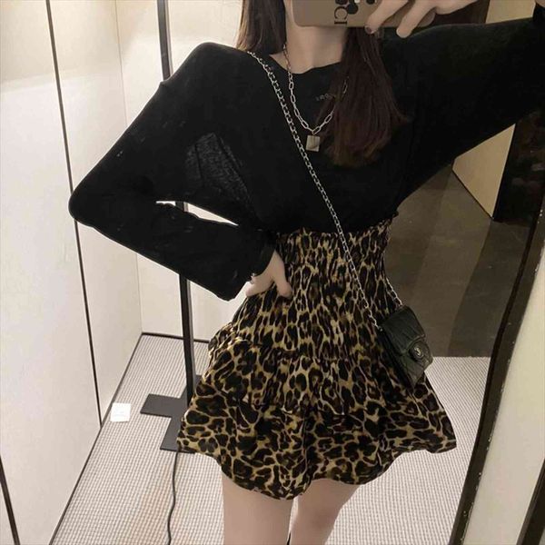 

ruffles hollow out high waist women skirts black leopard print 2737