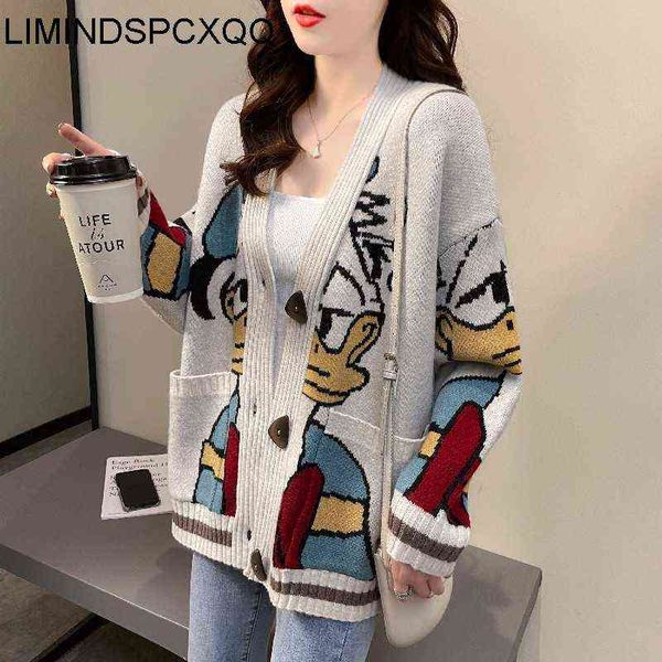 

women sweaters cardigans button office lady sweater autumn spring korean fashion knitted coat cartoon print loose knitwear 211117, White