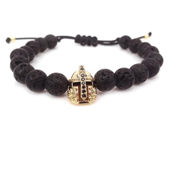 

tennis brand pure gold color men's bracelets,micro pave roman warrior helmet beads & volcatic lava braiding men bracelets, Golden;silver