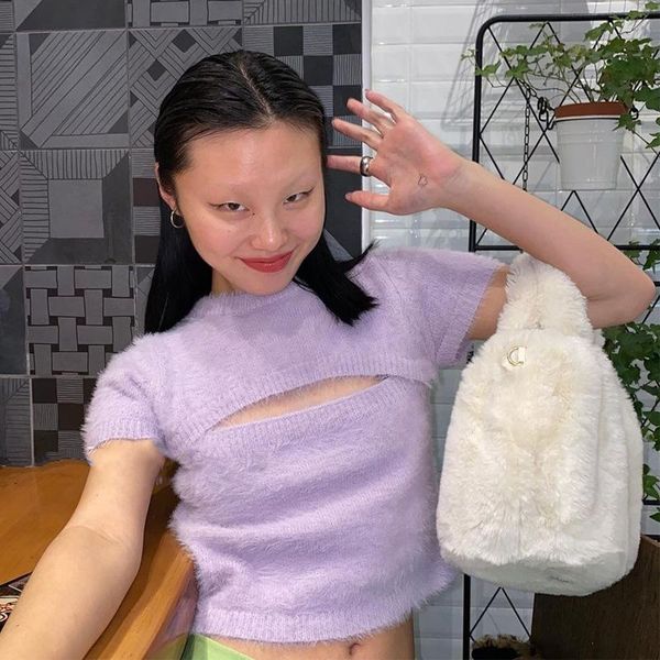 

women's t-shirt a shop summer short with navel exposed knitted hollow chest design hairy sleeve t fashion, White