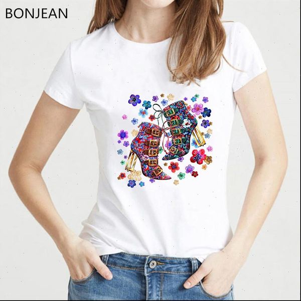 

women vogue t shirt flowers high heel shoes printed tshirt femme vintage female summer drop, White