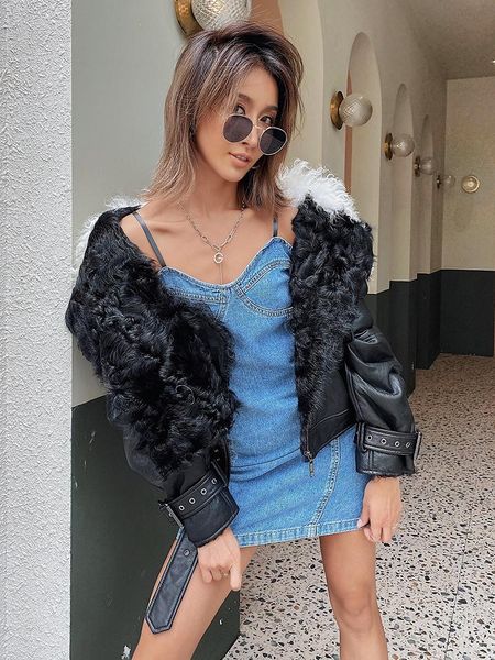 

women's fur & faux fashion winter sheepskin coat soft wool biker jacket korean warm 2021 casacoszjt313, Black