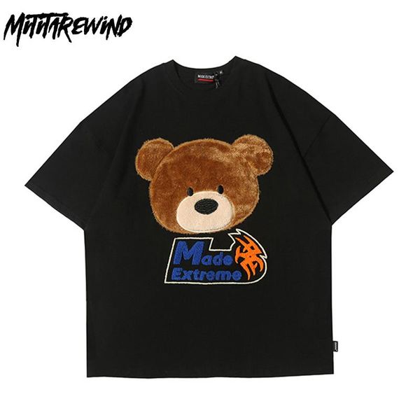 

summer t shirt men hip hop streetwear plush bear letter short sleeve couple t-shirts casual fashion loose pure cotton tees men's, White;black