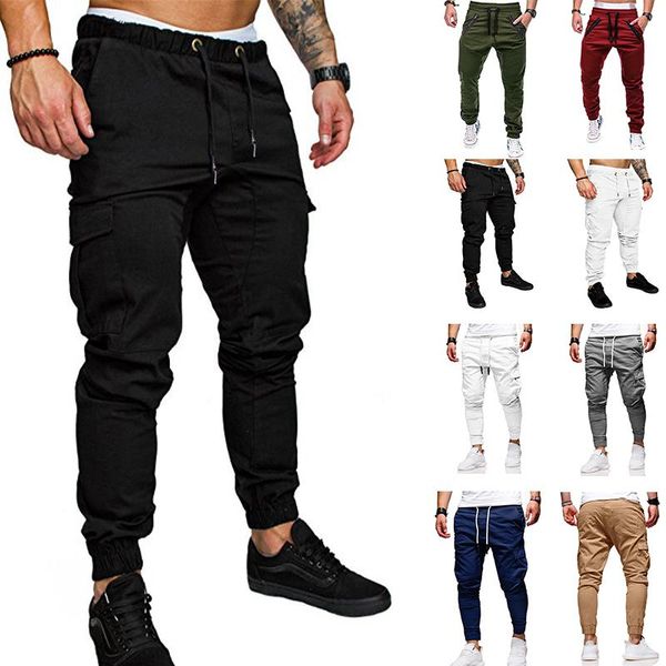 

men's pants cargo solid color hip-hop jogging sweatpants multi-pocket casual harem, Black