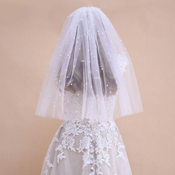 

bridal veils amorarsi v07 simple short pearl wedding with comb accessories two layer bride veil for marriage imported, Black