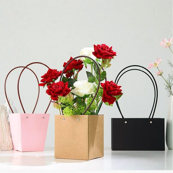 

gift wrap 10pcs rivet kraft paper flower arrangement bag pink waterproof handle hand rope valentine's day trapezoid basket