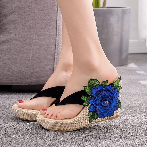 

slippers summer women's shoes retro thick-soled sandals wedges embroidered flowers high heels, Black