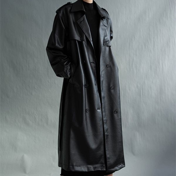 Lautaro Trench coat in ecopelle nera oversize lungo autunno per cintura manica donna doppio petto moda allentata 210916