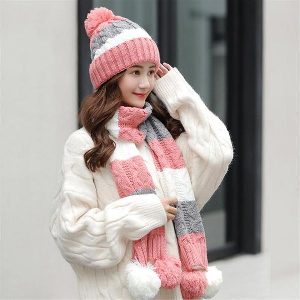 

hats, scarves & gloves sets autumn winter women hat scarf colorful thickening knitted ear protection head plush cap for ladies female warm, Blue;gray