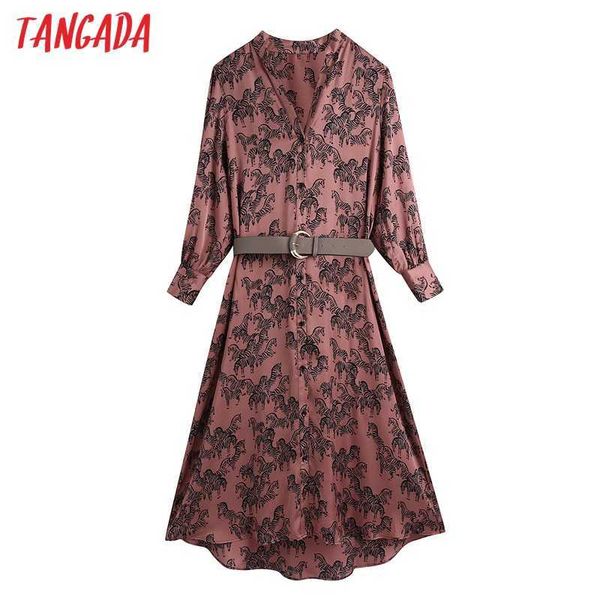 

tangada fashion women animal print dress with belt long sleeve casual female midi dress be154 210609, Black;gray