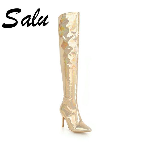 

boots salu 2021 women over the knee sequined leather thigh high heel nightclub fashion ladies shoes gold size 47 48, Black