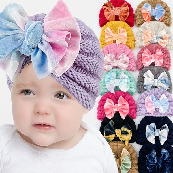 

caps & hats autumn winter warm bowknot baby hat turban solid color infant toddler beanie bonnet tie dye born girl boy knitted cap, Yellow