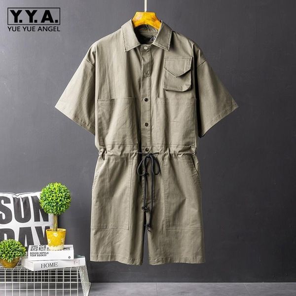 

men's shorts men hip hop short sleeve playsuits lovers single breasted pockets overalls summer street loose green jumpsuit m-2xl, White;black