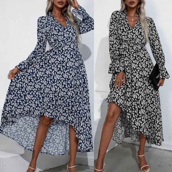 

casual dresses women's floral printed long dress sleeve v neck lace-up a-line spring autumn elegant female vestidos, Black;gray