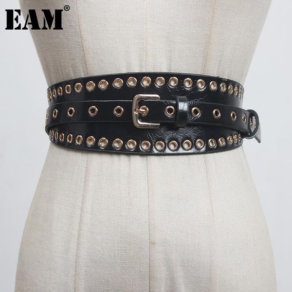 

[eam] pu leather rivet buckle split joint long wide belt personality women fashion tide all-match spring 2021 1dc091 belts, Black;brown