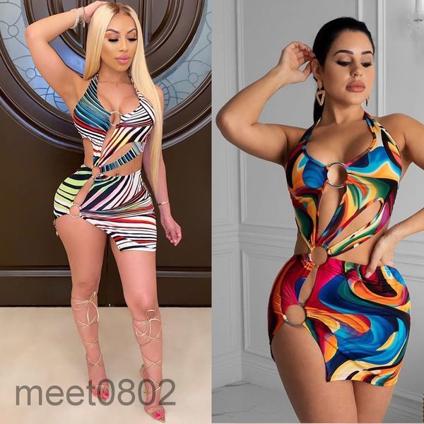 

party dresses selling 2021 summer fashion designer u neck tight women's swimsuit colorful printed hollow out short skirt, White;black