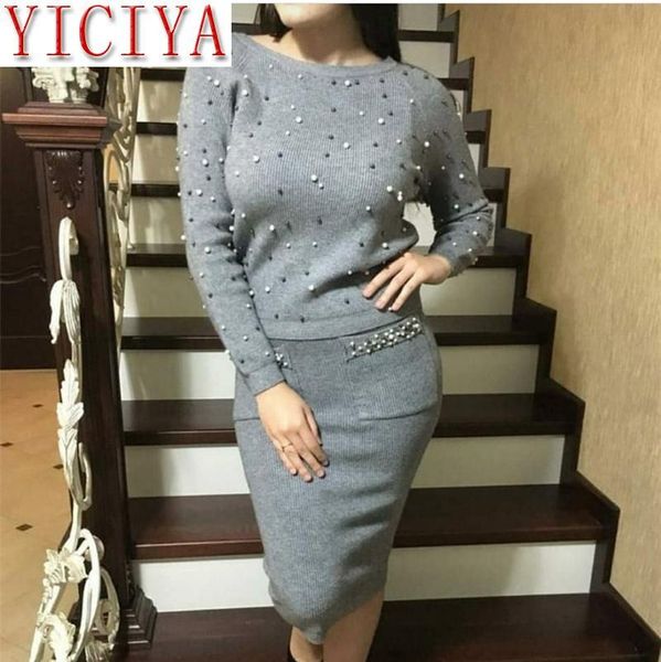 

two piece dress 2021 autumn winter women sweat knit set pearl beading knitted pullover +pencil skirt elegant 2 suits, White