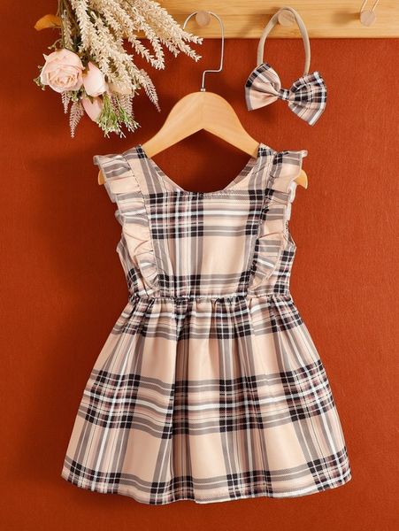 

toddler girls plaid print ruffle trim dress & headband she, Red;yellow