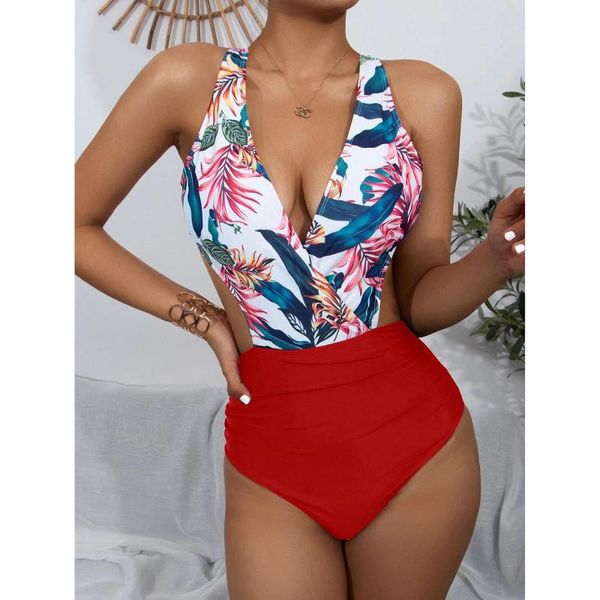 

floral print one piece women swimsuits push-up halter bodysuit bathing suits high waist backless bikini 2021 monokini one-piece