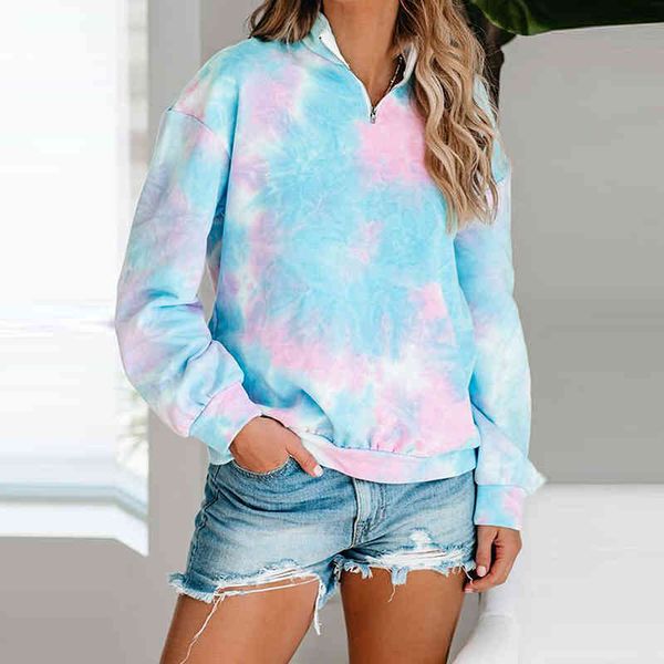 

tie dye print zipper sweatshirt women autumn winter lapel long sleeve loose hoodies female casual gradient hoodies plus size 3xl 210507, Black