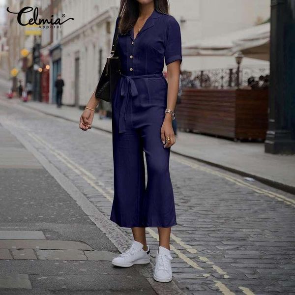 

women's jumpsuits & rompers celmia women casual long summer vintage short sleeve lapel buttons loose wide leg pants belted playsuits mu, Black;white