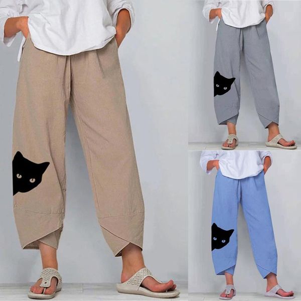 

women's pants & capris women vintage harem cat print elastic waist plus size loose trousers cotton linen wide leg pant summer, Black;white