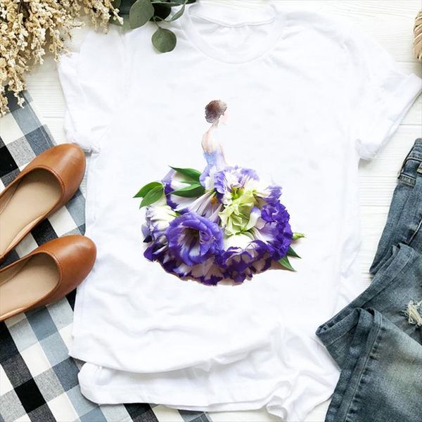 

floral elegant beach holiday womens t shirts 90s aesthetic print tee clothes female graphic, White