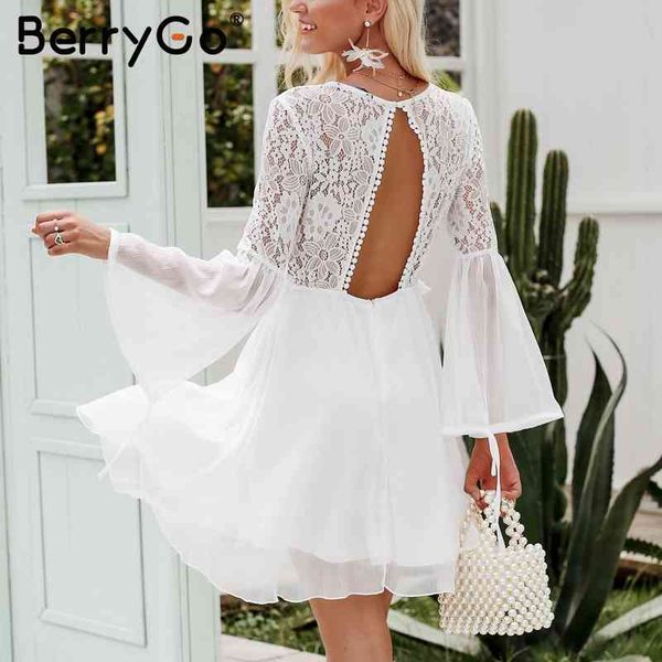 

berrygo embroidery backless lace dress women v neck keyhole vintage white flare sleeve short autumn winter 210513, Black;gray