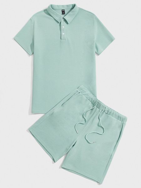 

men solid polo shirt & drawstring waist shorts set h5ah#, Gray
