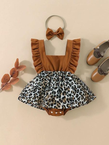 

baby leopard ruffle trim dress with headband she, Red;yellow