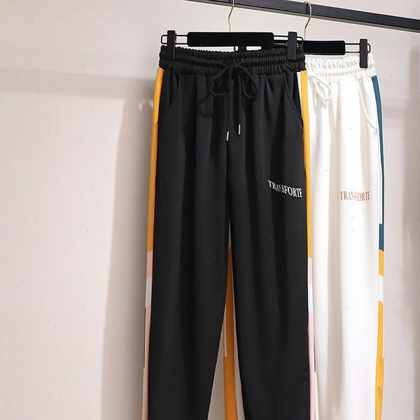 

women capri autumn winter plus size trousers large loose casual elastic waist long sport pants white black 4xl 5xl 6xl, Black;white