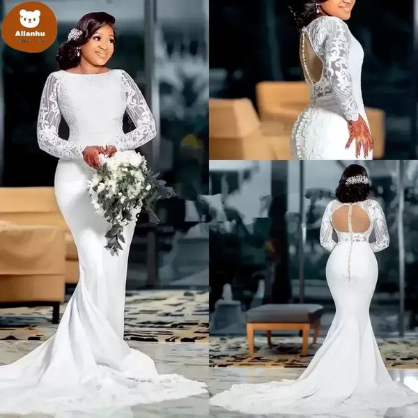 

white lace plus size arabic aso ebi beaded mermaid wedding gowns 2022 long sleeves covered buttons back african bridal party dresses wjy591
