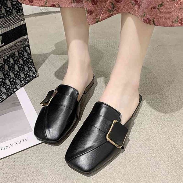 

sandals fashion buckle square toe mules slippers women summer pu leather comfort low heels slides casual streetwear shoes q6hq, Black