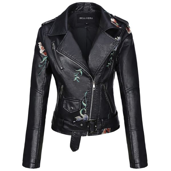 

autumn flowers embroidery pu leather jacket women slim turn-down collar outerwear zipper motorcycle coats clothes, Black