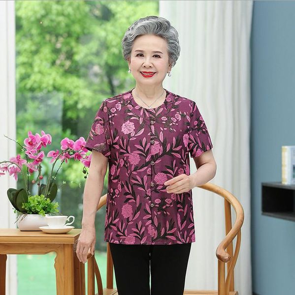

women's blouses & shirts middle-aged elderly women summer shirt dobby print short sleeve o-neck loose style plus size casual comfort bl, White
