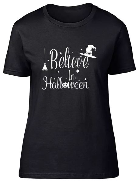 

i believe in halloween fitted womens ladies t shirt, White;black
