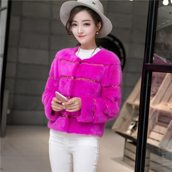

women's fur & faux natural mink coat ladies round neck leather jacket rivet bright diamond, Black