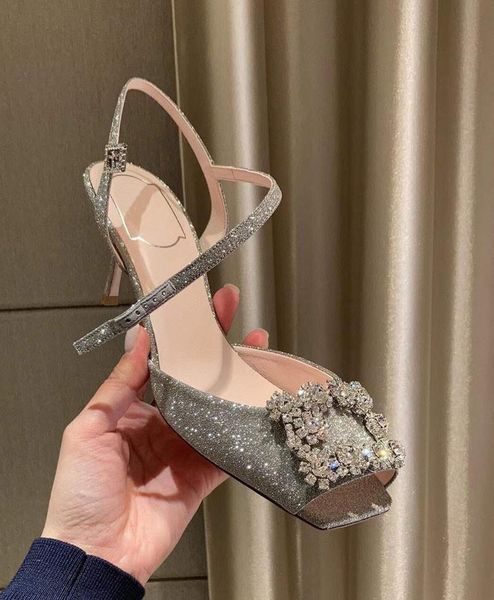 

peep toe sandals women satin leather rhinestone buckle embellished slingbacks high heels 2021 summer shoes for party dress, Black