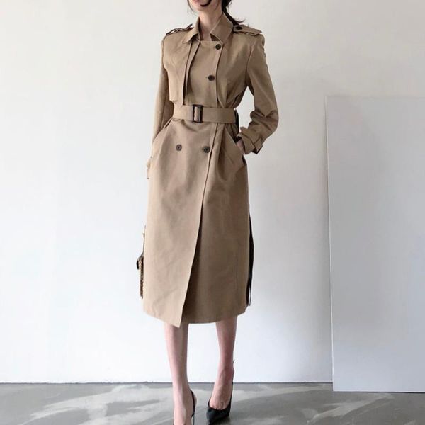 

women's trench coats zcsmll vintage style turn-down collar long sleeve khaki coat waist straight over the knee windbreaker women jacket, Tan;black