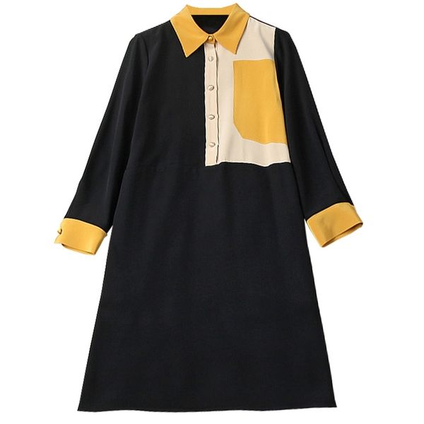 

spring female loose casual turn down collar single breasted wrist sleeve patchwork panelled straight dress 8y585 210510, Black;gray